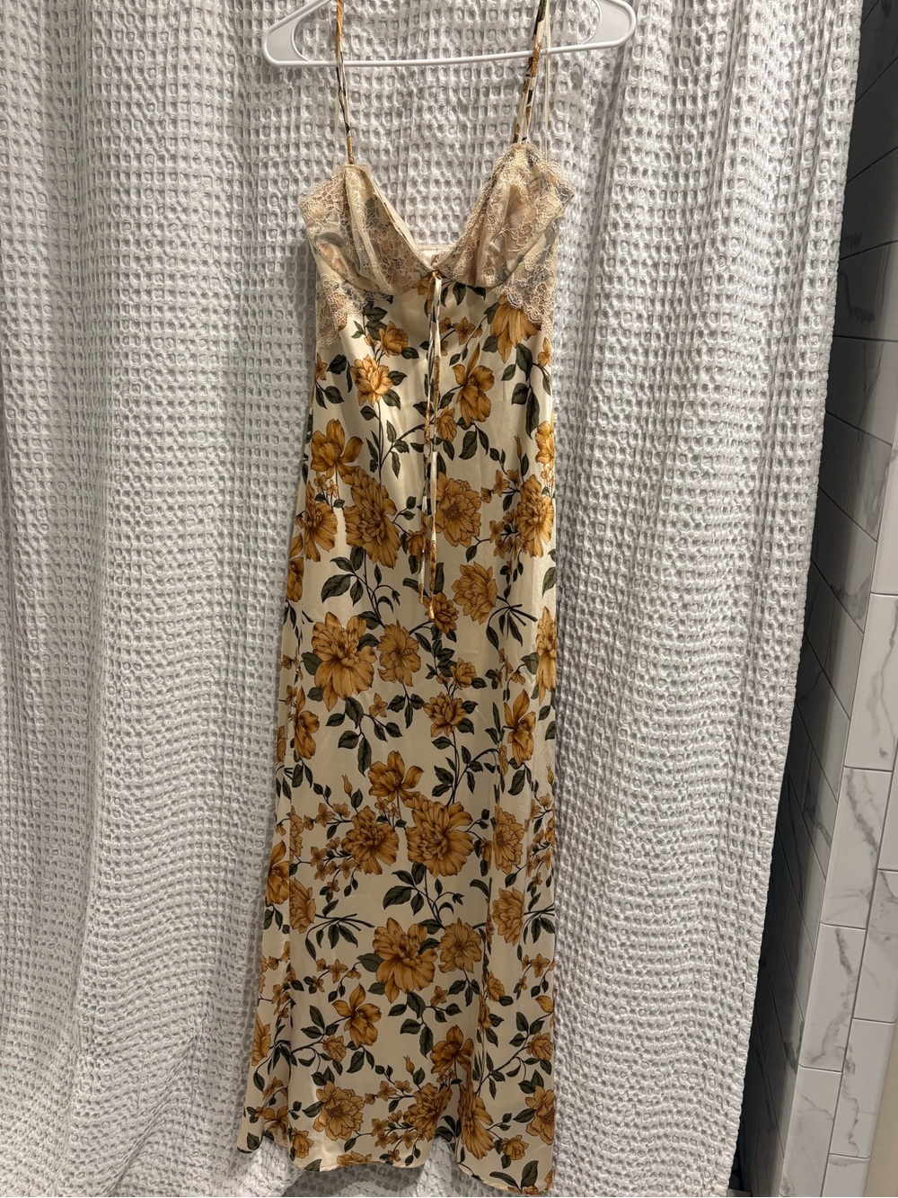 Cream Slip Dress with Mustard Floral Print and Lace Bodice